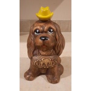 Vintage Treasure Craft Puppy Dog Hat Painted Ceramic Coin Bank USA